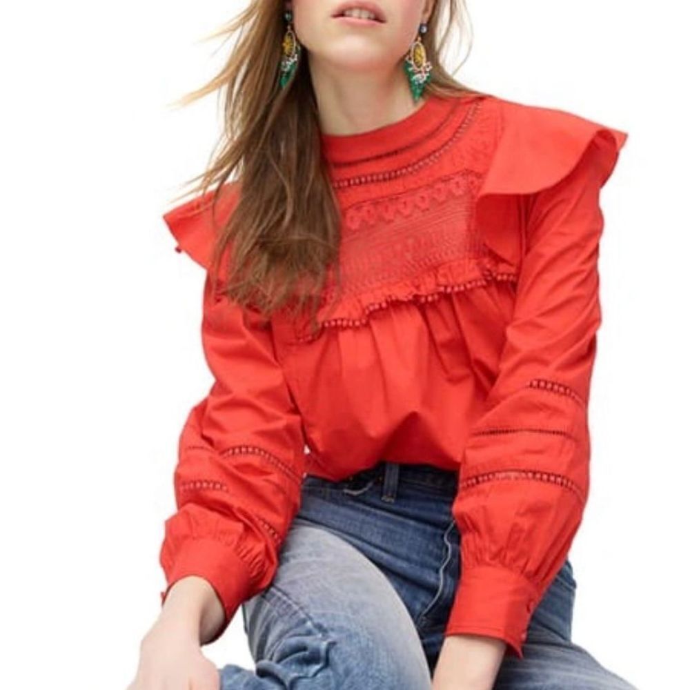 J. Crew Crocheted Lace Ruffle Top In Bright Cerise Red Long Sleeve Blouse Size S